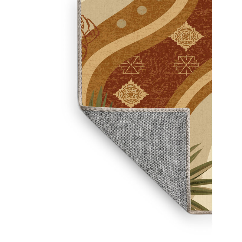 Tapis marocain d'inspiration mondiale Peksenak lavable à la machine en brun - reliure beige, Carré 3 pi