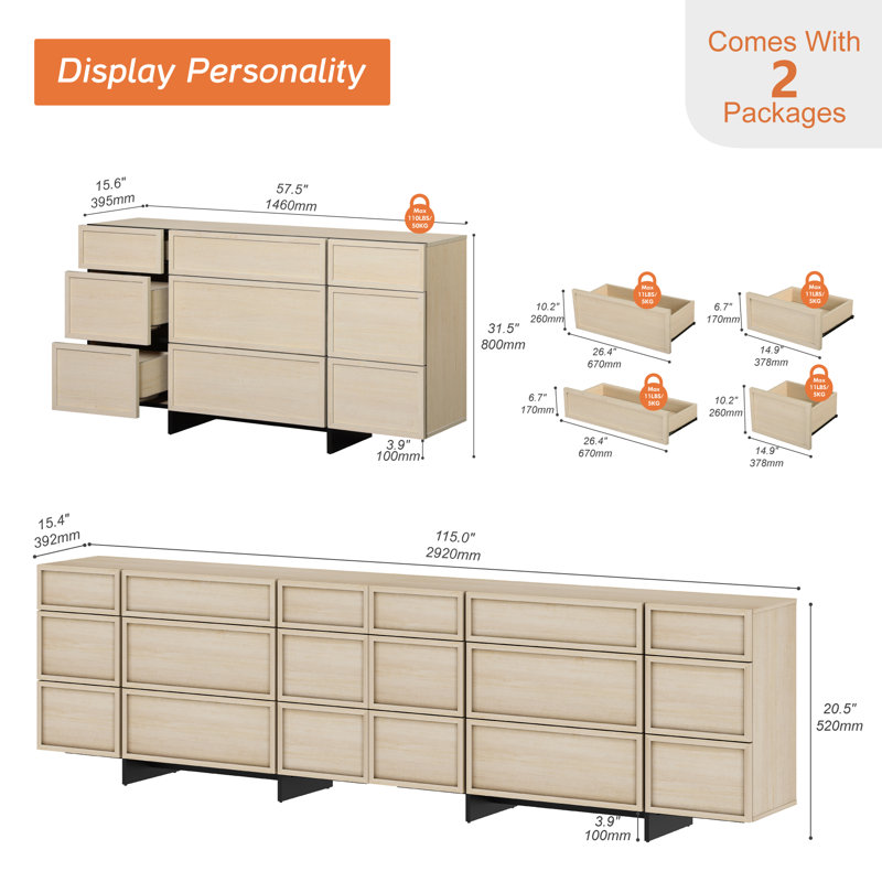 Maisonet Modern 18-Drawers Dresser For Bedroom, Wooden Chest Of Drawers With T-Shaped Wood Legs, Storage Cabinet And Closet Organizer For Bedroom, Hallway, Living Room