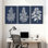 Plantes et fleurs, ensemble de 3 impressions sur toile bleues