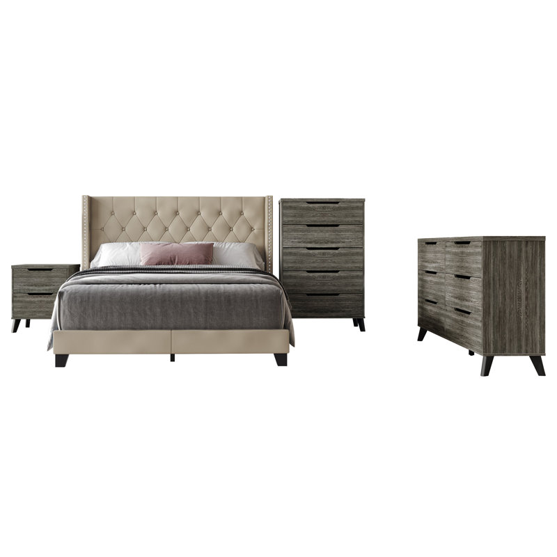 Castle Place King Wingback Bedroom Set with Nightstand, Dresser and Chest, Gold PU, Twin