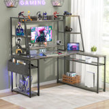 Yiting 47'' L Shaped Desk with Hutch & Monitor Stand, Gaming Desk with Power Outlet & LED Light