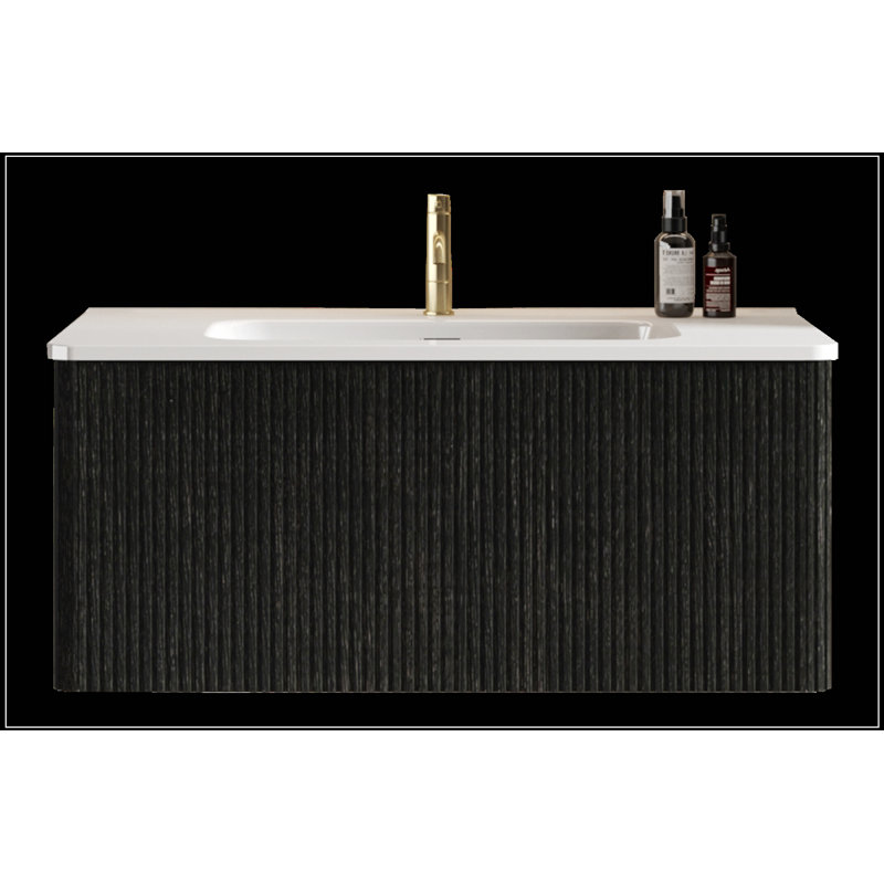 Meuble-lavabo flottant rayé en chêne noir brossé de 36 pouces avec lavabo en céramique blanche, pré-assemblé pour les salles de bain modernes