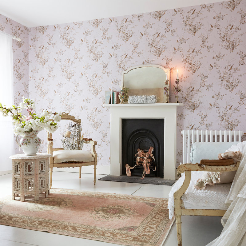 Rachel Ashwell Bird Chinoiserie Pink Gold Wallpaper, Pink