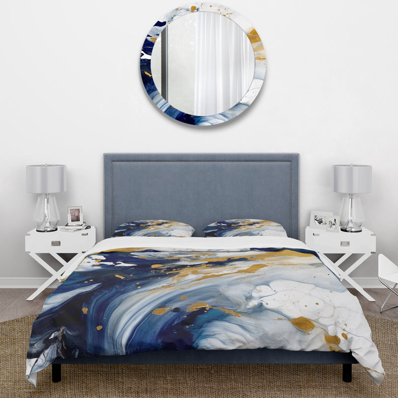 Ensemble de housse de couette à franges bleu foncé et doré, Housse de couette pour grand lit et 2 taies décor