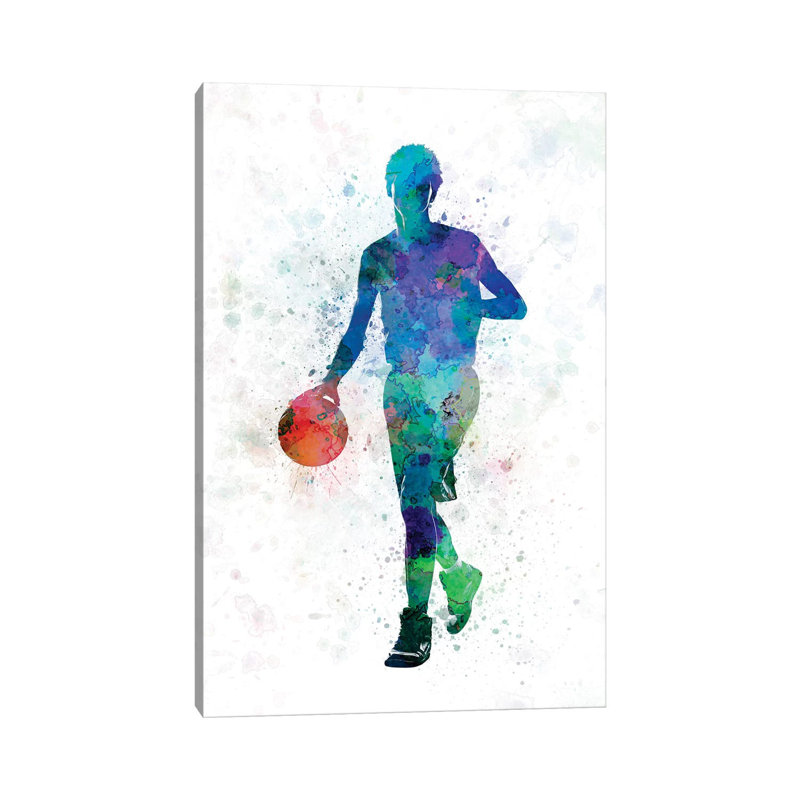 Young Man Basketball Player Dribbling by Paul Rommer - Painting on Canvas, 30.48 cm H x 45.72 cm W, Wrapped Canvas