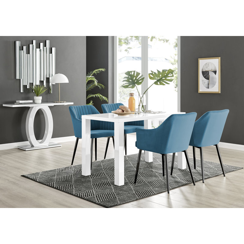 Pivero High Gloss Rectangle Dining Table With Velvet Dining Chairs, Blue/Silver, White