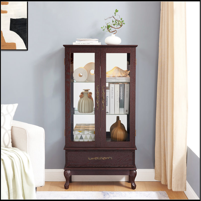 Armoire vitrée élégante en verre avec tablettes réglables, éclairage interne et tiroir rétro pour présentation et rangement