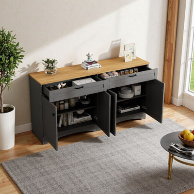 Meuble télé Farmhouse pour téléviseur de 70 po - 2 tiroirs, tablettes réglables, armoire de rangement en grain de bois rustique gris pour le salon et la chambre à coucher