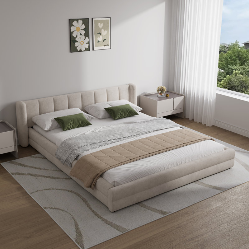 Queen Size Chenille Upholstered Low Bed Frame,   Platform Bed With Wingback Headboard, Beige, Queen