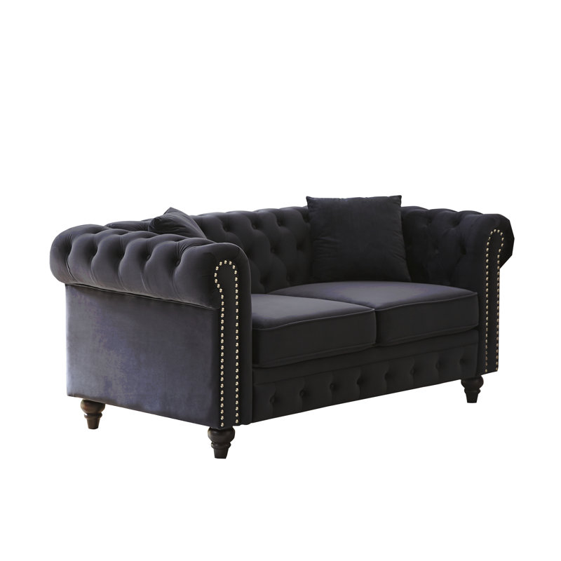 FX 63.5" Modern Design Chesterfield Sofa, Velvet Sofa Button Design Living Room Sectional Sofa, Button Tufted With Nail Design Arms With 2 Pillows, Upholstered Fabric And Wood Legs