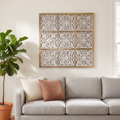 Marrakech 9 Panel Carved Wood Wall Decor, White Washed Mango Wood Wall Art