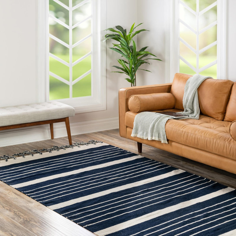 Tapis uni / rayé bleu marine Gwin, Rectangle 8 pi x 10 pi