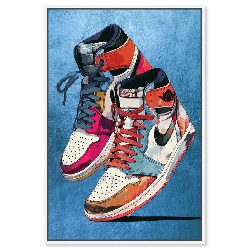 Sneaker sur toile bleue, art mural Sneaker par Art Remedy, cadre blanc, 10 x 15, Cadre blanc, H 16 po x l 11 po