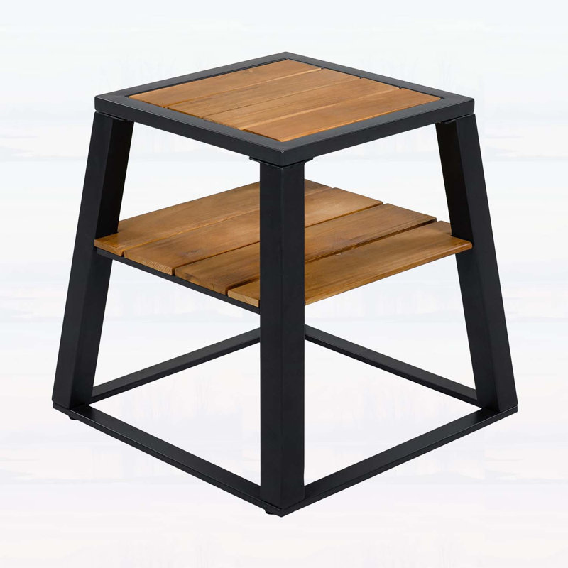 Table d'appoint à 2 niveaux en bois d'acacia résistant aux intempéries avec structure en fer noir, idéale pour une utilisation intérieure et extérieure, capacité de 30 lb