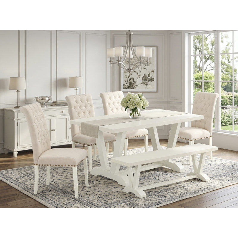 Ensemble de salle à manger 6 pièces comprenant une table de salle à manger rectangulaire avec pieds en V et 4 chaises Parson en tissu de lin beige clair avec banc, multicolore