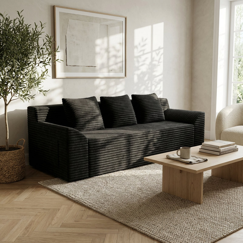Canapé en velours côtelé à assise profonde avec coussins touffetés Corduroy