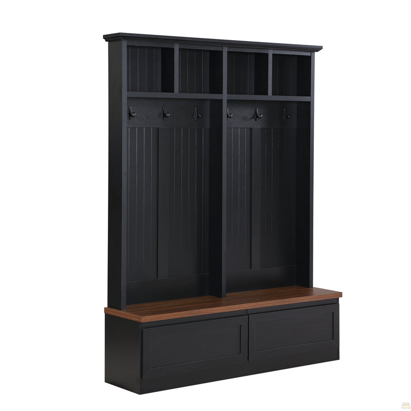 Farmhouse 4-in-1 Hall Tree with Wood Grain Bench, Mudroom Versatile Coat Rack with 2 Large Drawer, Entrance Organizer