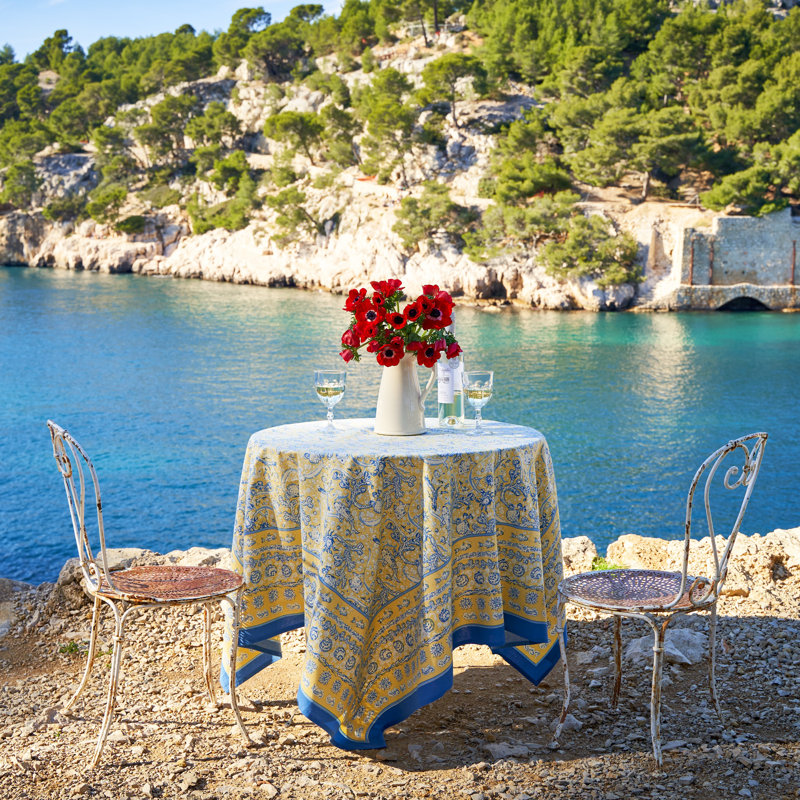 La Mer Handmade Floral Tablecloth, 71" Square, Yellow/Blue