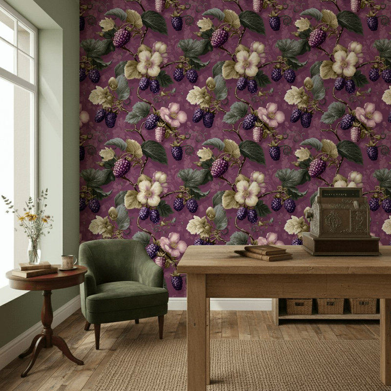 Papier peint mauve avec fond vert et nuances vertes