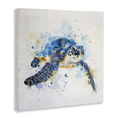 Blue Sea Turtle with Splatter Canvas Wall Art, design by LSR Creative Studio