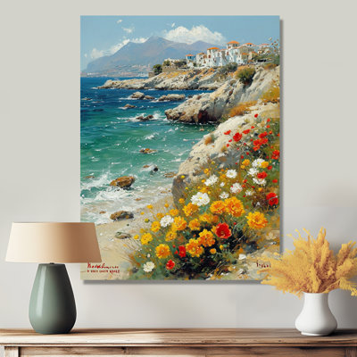 «Blooming Yellow Flowers Beach Town On The Rocks» - art mural plage de sable côtier