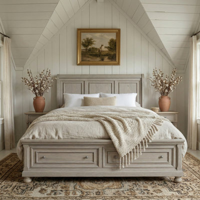 Storage Platform Bed with 2 Drawers, Wood Frame with Paneled Headboard