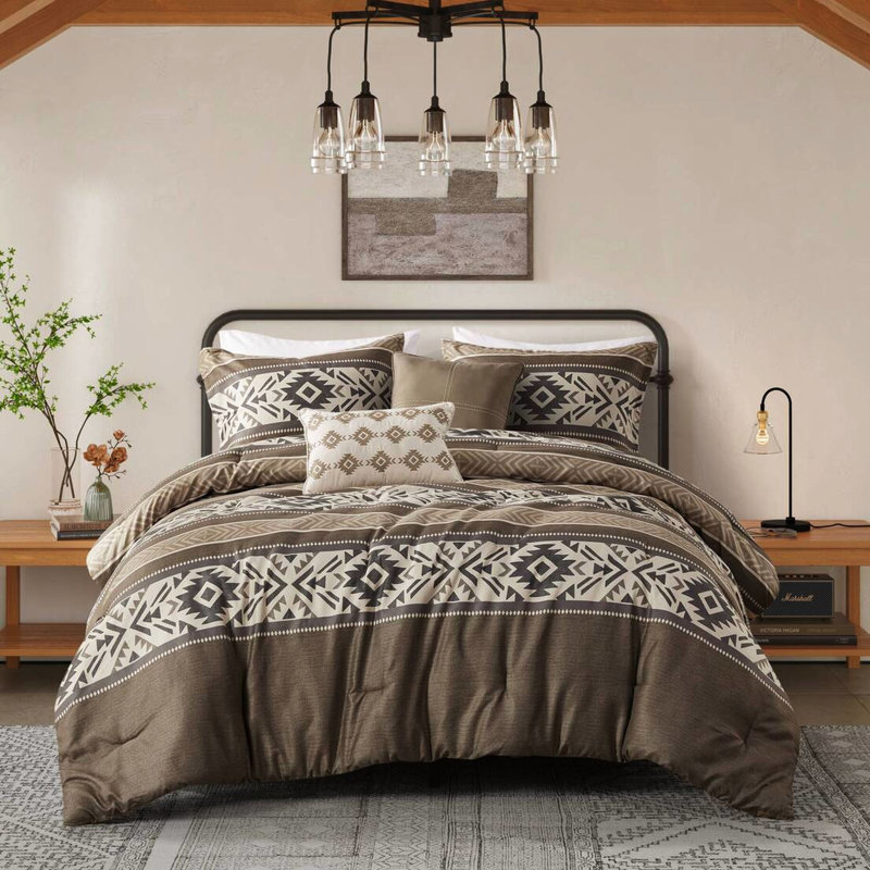 Édredon avec 2 coussins décoratifs, 5 pièces, très grand / très grand, chevrons à rayures brunes, chevrons