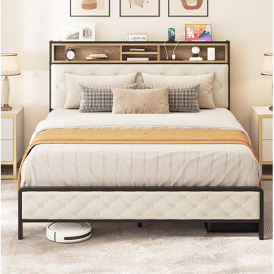 Queen Size Bed Frame, Platform Bed Frame with Charging Station, Upholstered Storage Headboard & Footboard Metal Slats Supports Mattress Foundation, No Box Spring Needed, Beige(No Drawers)