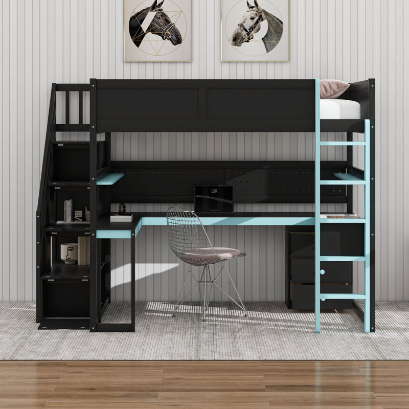 Lit mezzanine avec bureau Gaming, cadre de lit de rangement en bois avec escalier de rangement, panneau perforé, tablettes et tiroirs, lit de jeu multifonctionnel