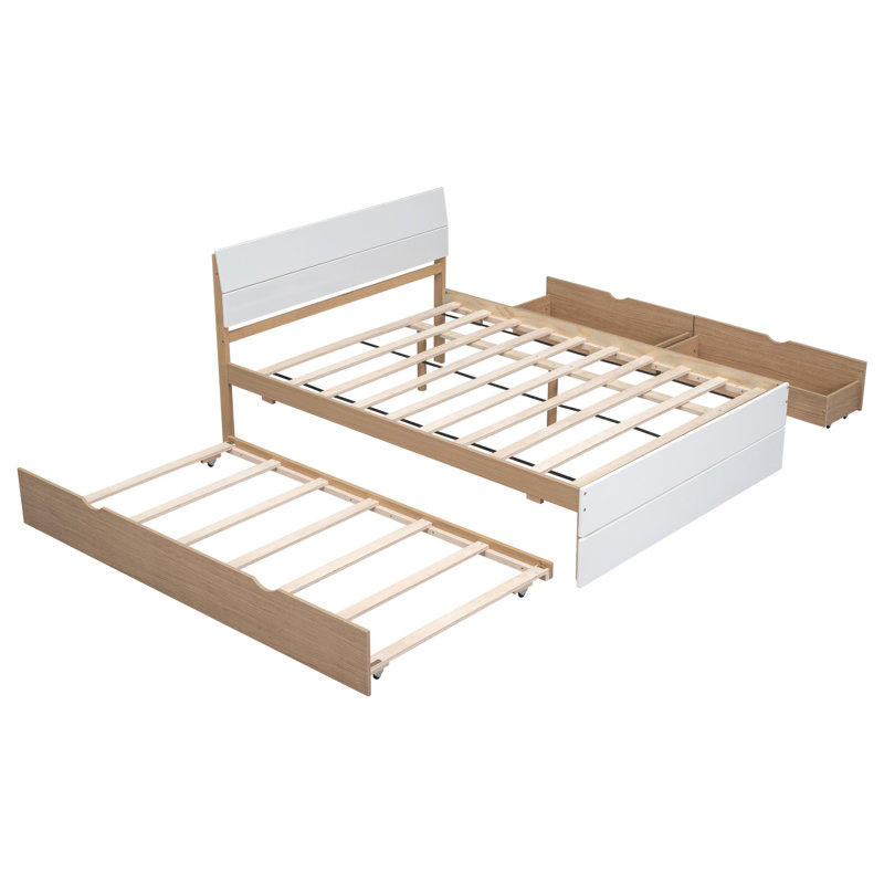 Cadre de lit double moderne avec lit gigogne simple et 2 tiroirs blanc brillant avec couleur chêne clair, Blanc / Chêne
