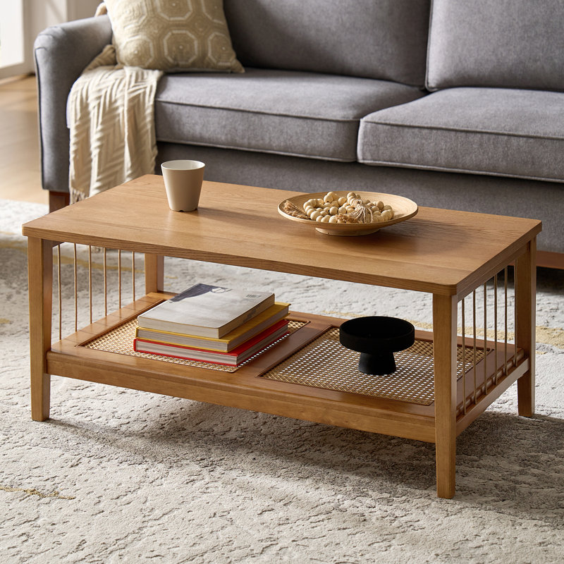 Wimberly 40"W Mid-Century Modern Coffee Table With Rattan Bottom Storage Shelf, Natural
