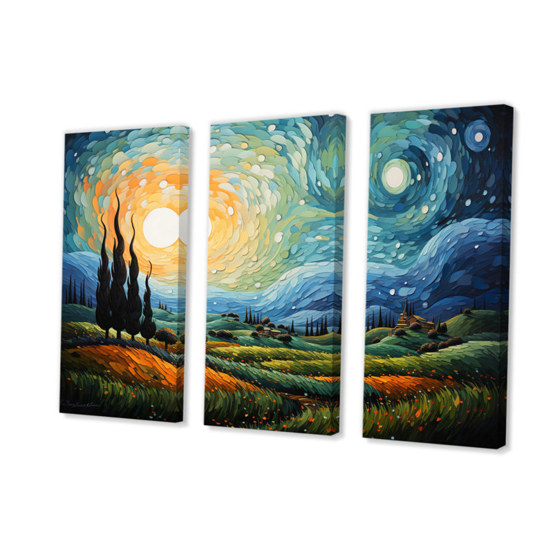 Vangogh, le cyprès oscillant II sur toile, 3 pièces, H 28 po x l 36 po x P 1 po