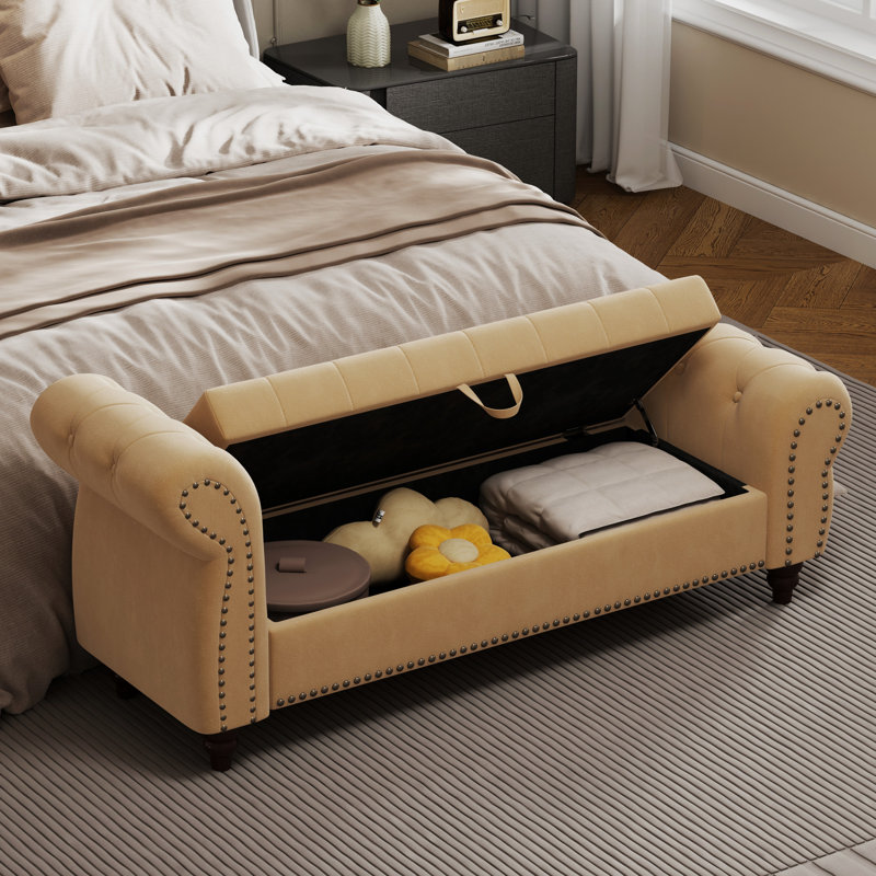 64.5" Bedroom Storage In Khaki Velvet Bench With Seat And Space