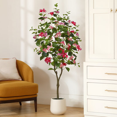 Bougainvillier artificiel Adcock avec pot de fleurs blanc, grands arbres de bougainvilliers artificiels avec fleurs rouges
