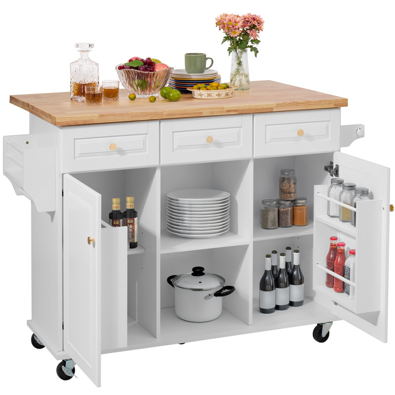 Grand îlot de cuisine à roulettes 53,2 po avec abattant, Blanc