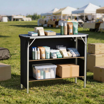Table de bar pliante portative, 43,3 x 15,2 x 34,8 po, avec sac de transport, 2 tablettes de rangement et jupe amovible, installation rapide et facile, station de barman mobile pliable pour les événements, les fêtes et les salons