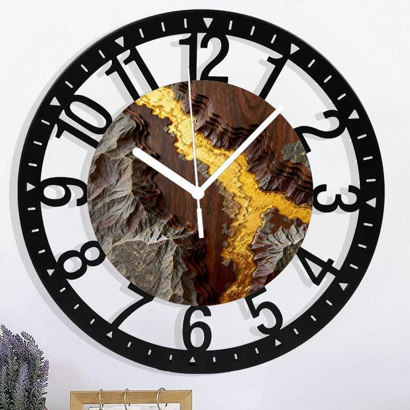 Horloge murale ronde en fer 10 po avec mouvement à quartz silencieux, chiffres arabes, impression UV, Brun / or