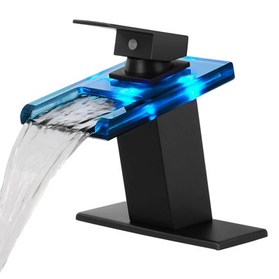 LED Bathroom Sink Faucet Matte Black Waterfall Single Hole Handle Vanity Faucets