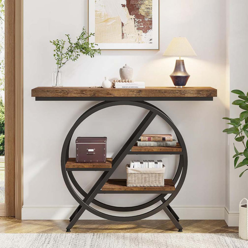 Console industrielle 39,4 pouces à 4 niveaux avec cadre en métal et tablettes de rangement, décor brun rustique pour le salon et le couloir