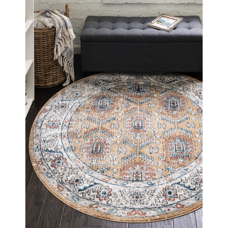 Tapis traditionnel jaune / ivoire, Rond 5 pi 3 po