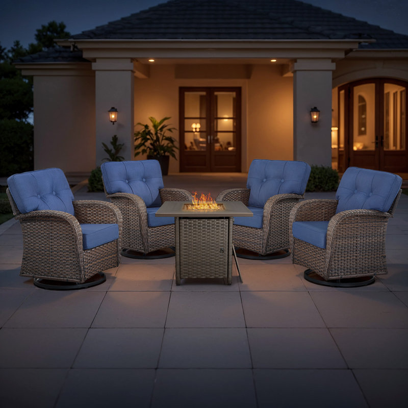Agnes All-Weather Rattan Outdoor T-Back Cushions Conversation Set With Swivel Chairs And Fire Pit (Set Of 4), Blue