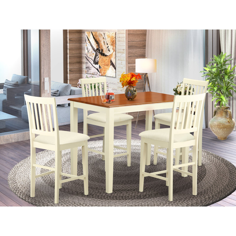 Ensemble de comptoir de cuisine 5 pièces comprenant une table de salle à manger rectangulaire et 4 chaises rembourrées en tissu de lin, babeurre et cerise