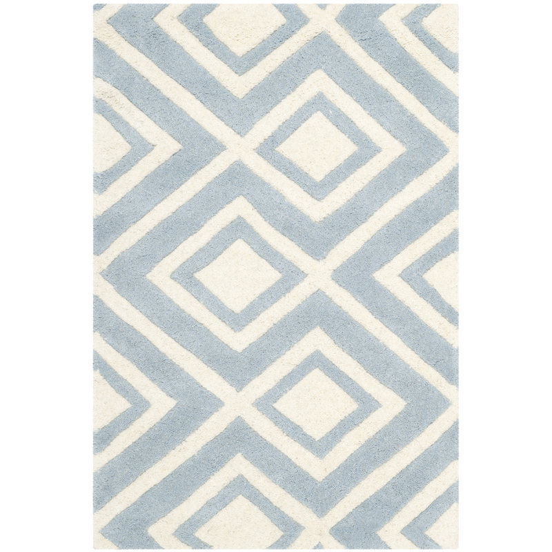 Blue and Ivory Geometric Hand-Tufted Wool Rug, 8' x 10'