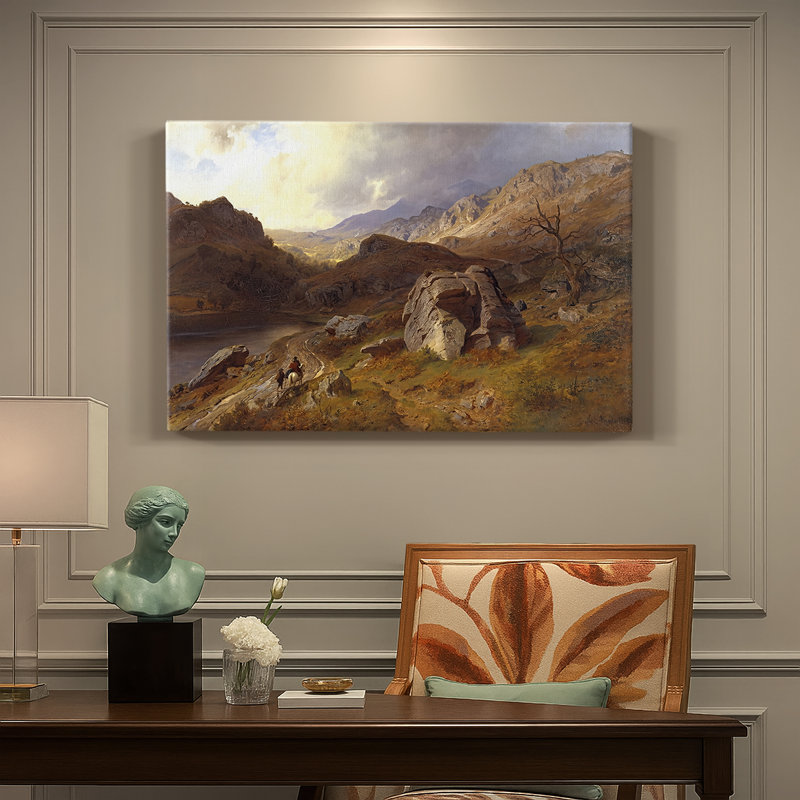 Paysage de montagne avec des cavaliers-Hans Gude-Toile tendue avec châssis-c. Milieu du 19e siècle, 24 po x 36 po