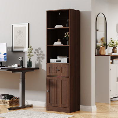 Farmhouse 71" Tall Bookshelf With Drawer, Narrow Bookcase With Adjustable Left/right Door, Adjustable Shelf, Freestanding Display Book Shelf For Bedro by Ophelia & Co.