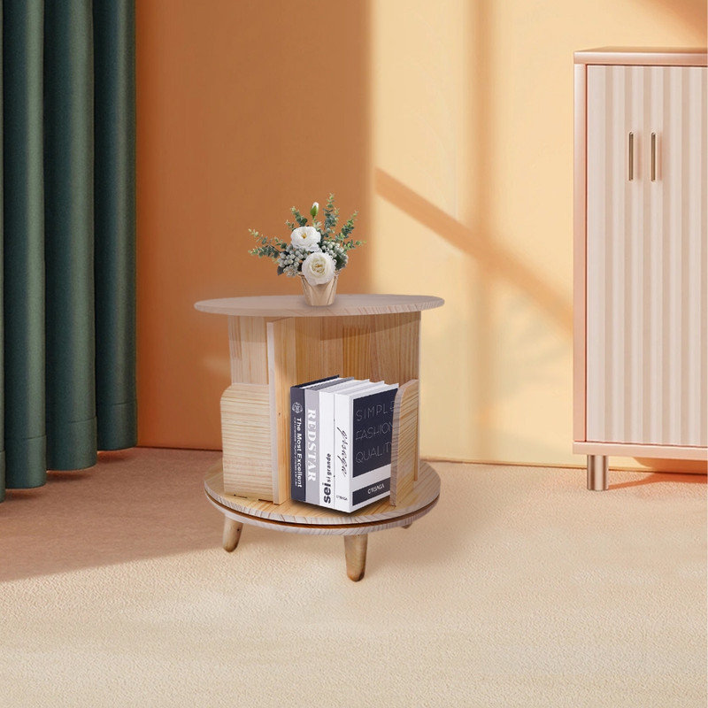 Table de bout avec bibliothèque rotative à 360 ° en bois de pin massif, support de rangement rond à 1 niveau, bibliothèque d'angle peu encombrante pour le salon et le bureau de la chambre à coucher