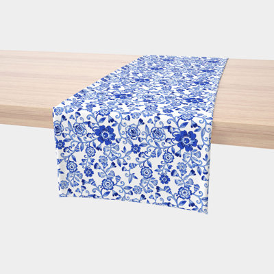 Table Runner, 100% Cotton, 16X108", Watercolor Flowers On Vines Blue