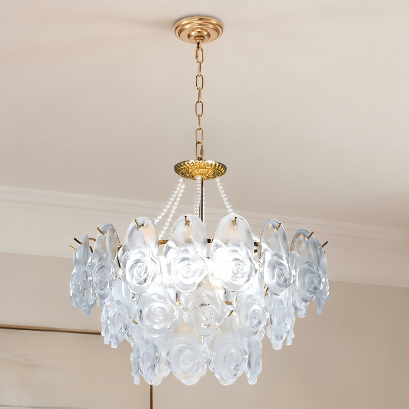 Mid-Century Modern 9 - Light Dimmable Chandelier with Rose Glass Shade