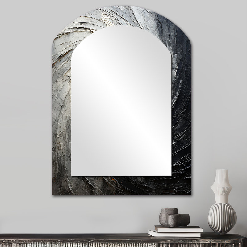 Gris gris noir mouvement méditatif - spirale abstraite grand miroir mural de forme irrégulière, miroir unique asymétrique moderne, art imprimé en métal