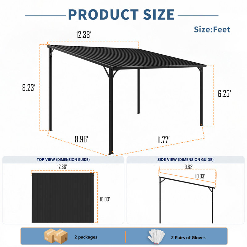 Pergola de toit rigide murale 12 pi x 10 pi avec toit en acier galvanisé